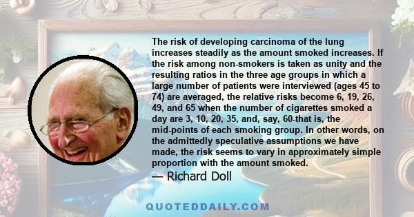 The risk of developing carcinoma of the lung increases steadily as the amount smoked increases. If the risk among non-smokers is taken as unity and the resulting ratios in the three age groups in which a large number of 