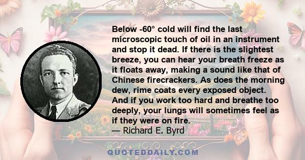 Below -60° cold will find the last microscopic touch of oil in an instrument and stop it dead. If there is the slightest breeze, you can hear your breath freeze as it floats away, making a sound like that of Chinese