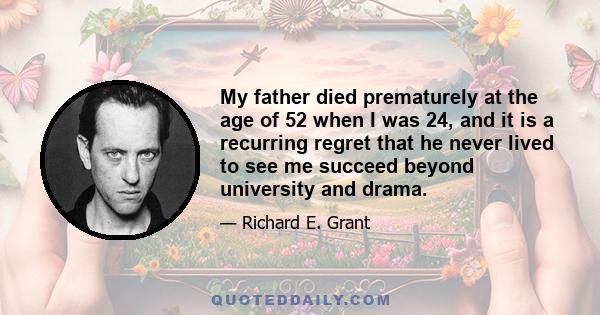 My father died prematurely at the age of 52 when I was 24, and it is a recurring regret that he never lived to see me succeed beyond university and drama.