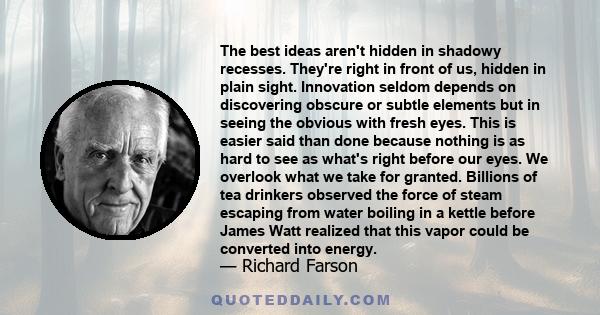 The best ideas aren't hidden in shadowy recesses. They're right in front of us, hidden in plain sight. Innovation seldom depends on discovering obscure or subtle elements but in seeing the obvious with fresh eyes. This