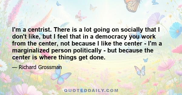 I'm a centrist. There is a lot going on socially that I don't like, but I feel that in a democracy you work from the center, not because I like the center - I'm a marginalized person politically - but because the center 