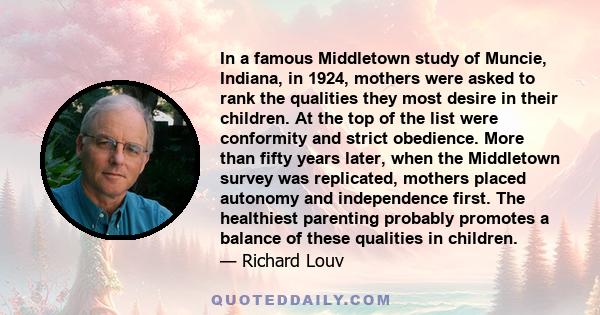 In a famous Middletown study of Muncie, Indiana, in 1924, mothers were asked to rank the qualities they most desire in their children. At the top of the list were conformity and strict obedience. More than fifty years