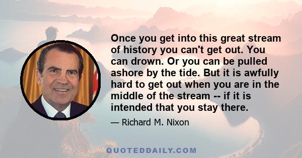 Once you get into this great stream of history you can't get out. You can drown. Or you can be pulled ashore by the tide. But it is awfully hard to get out when you are in the middle of the stream -- if it is intended