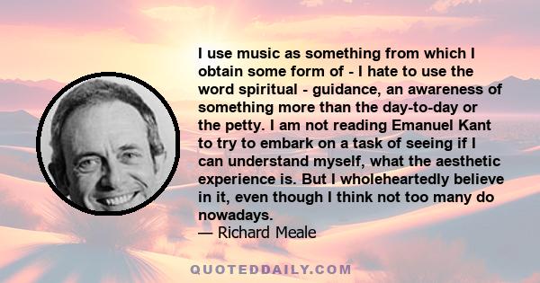 I use music as something from which I obtain some form of - I hate to use the word spiritual - guidance, an awareness of something more than the day-to-day or the petty. I am not reading Emanuel Kant to try to embark on 