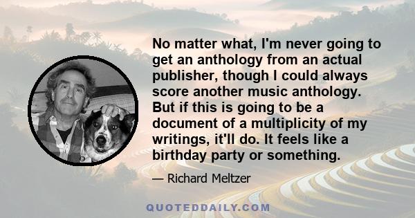 No matter what, I'm never going to get an anthology from an actual publisher, though I could always score another music anthology. But if this is going to be a document of a multiplicity of my writings, it'll do. It