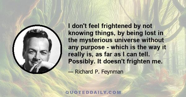 I don't feel frightened by not knowing things, by being lost in the mysterious universe without any purpose - which is the way it really is, as far as I can tell. Possibly. It doesn't frighten me.