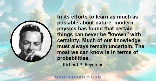 In its efforts to learn as much as possible about nature, modern physics has found that certain things can never be known with certainty. Much of our knowledge must always remain uncertain. The most we can know is in