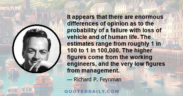 It appears that there are enormous differences of opinion as to the probability of a failure with loss of vehicle and of human life. The estimates range from roughly 1 in 100 to 1 in 100,000. The higher figures come