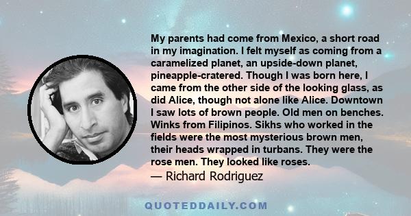 My parents had come from Mexico, a short road in my imagination. I felt myself as coming from a caramelized planet, an upside-down planet, pineapple-cratered. Though I was born here, I came from the other side of the