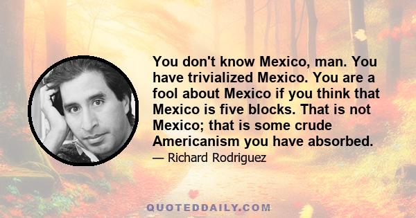 You don't know Mexico, man. You have trivialized Mexico. You are a fool about Mexico if you think that Mexico is five blocks. That is not Mexico; that is some crude Americanism you have absorbed.