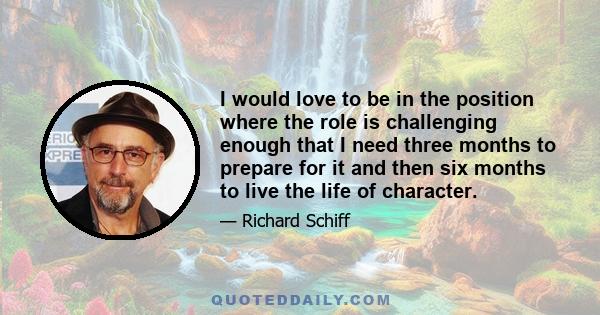 I would love to be in the position where the role is challenging enough that I need three months to prepare for it and then six months to live the life of character.