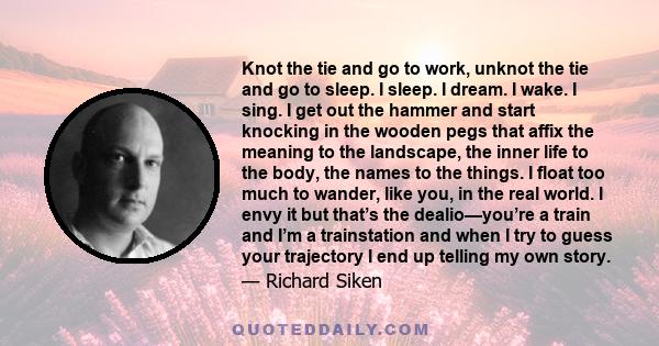 Knot the tie and go to work, unknot the tie and go to sleep. I sleep. I dream. I wake. I sing. I get out the hammer and start knocking in the wooden pegs that affix the meaning to the landscape, the inner life to the