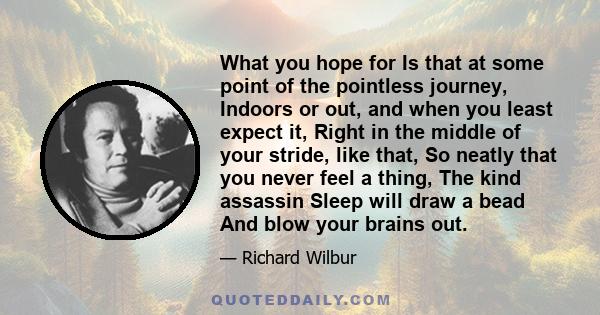 What you hope for Is that at some point of the pointless journey, Indoors or out, and when you least expect it, Right in the middle of your stride, like that, So neatly that you never feel a thing, The kind assassin