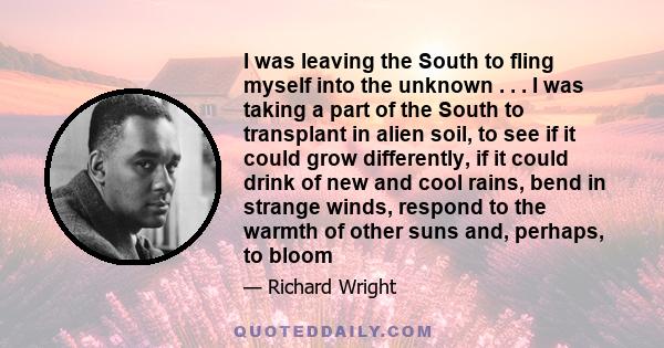 I was leaving the South to fling myself into the unknown . . . I was taking a part of the South to transplant in alien soil, to see if it could grow differently, if it could drink of new and cool rains, bend in strange