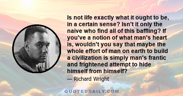 Is not life exactly what it ought to be, in a certain sense? Isn't it only the naive who find all of this baffling? If you've a notion of what man's heart is, wouldn't you say that maybe the whole effort of man on earth 