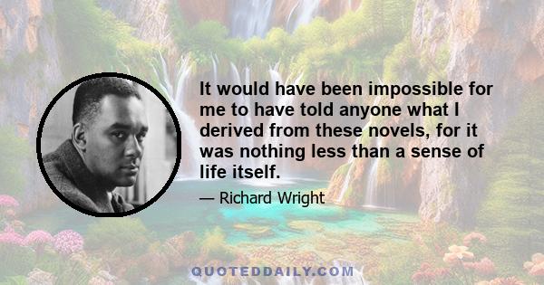 It would have been impossible for me to have told anyone what I derived from these novels, for it was nothing less than a sense of life itself.