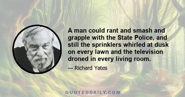 A man could rant and smash and grapple with the State Police, and still the sprinklers whirled at dusk on every lawn and the television droned in every living room.