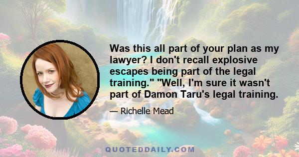 Was this all part of your plan as my lawyer? I don't recall explosive escapes being part of the legal training. Well, I'm sure it wasn't part of Damon Taru's legal training.