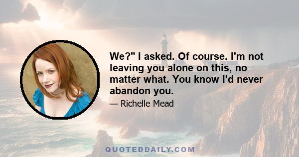 We? I asked. Of course. I'm not leaving you alone on this, no matter what. You know I'd never abandon you.