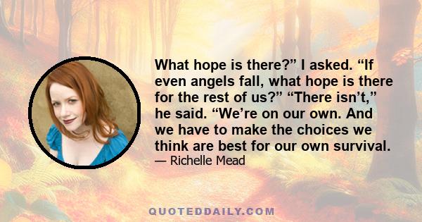 What hope is there?” I asked. “If even angels fall, what hope is there for the rest of us?” “There isn’t,” he said. “We’re on our own. And we have to make the choices we think are best for our own survival.