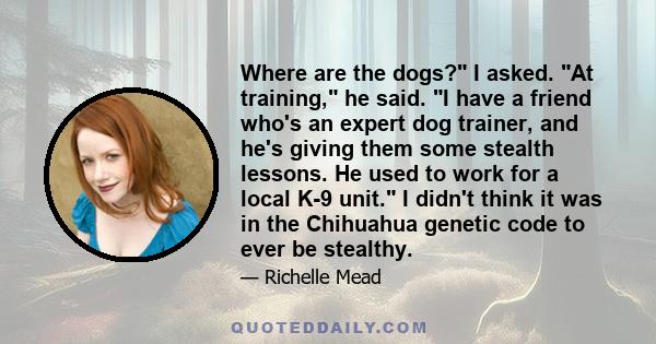 Where are the dogs? I asked. At training, he said. I have a friend who's an expert dog trainer, and he's giving them some stealth lessons. He used to work for a local K-9 unit. I didn't think it was in the Chihuahua
