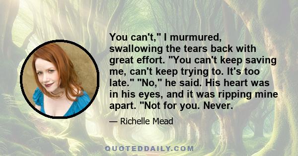 You can't, I murmured, swallowing the tears back with great effort. You can't keep saving me, can't keep trying to. It's too late. No, he said. His heart was in his eyes, and it was ripping mine apart. Not for you.