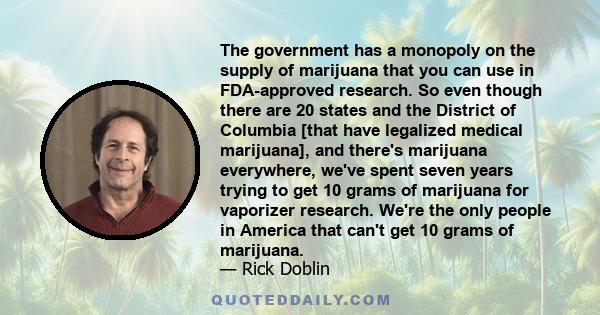 The government has a monopoly on the supply of marijuana that you can use in FDA-approved research. So even though there are 20 states and the District of Columbia [that have legalized medical marijuana], and there's