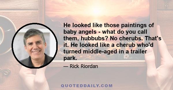 He looked like those paintings of baby angels - what do you call them, hubbubs? No cherubs. That's it. He looked like a cherub who'd turned middle-aged in a trailer park.