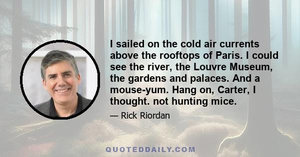 I sailed on the cold air currents above the rooftops of Paris. I could see the river, the Louvre Museum, the gardens and palaces. And a mouse-yum. Hang on, Carter, I thought. not hunting mice.