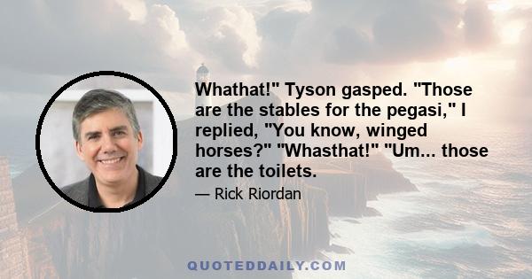 Whathat! Tyson gasped. Those are the stables for the pegasi, I replied, You know, winged horses? Whasthat! Um... those are the toilets.