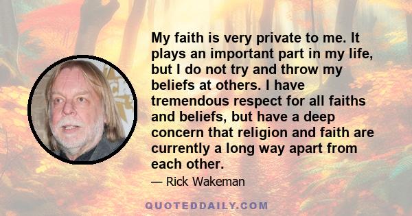 My faith is very private to me. It plays an important part in my life, but I do not try and throw my beliefs at others. I have tremendous respect for all faiths and beliefs, but have a deep concern that religion and