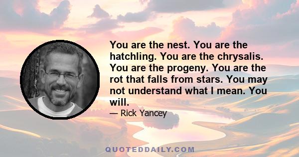 You are the nest. You are the hatchling. You are the chrysalis. You are the progeny. You are the rot that falls from stars. You may not understand what I mean. You will.