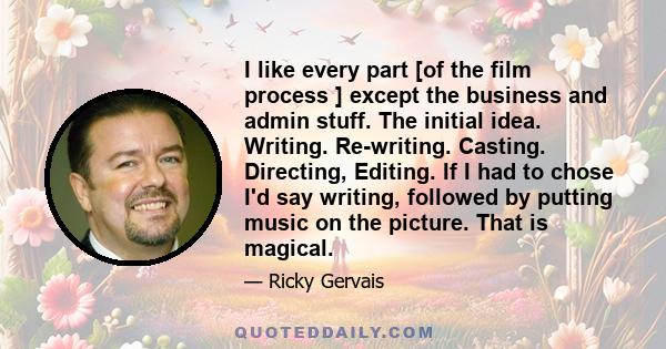 I like every part [of the film process ] except the business and admin stuff. The initial idea. Writing. Re-writing. Casting. Directing, Editing. If I had to chose I'd say writing, followed by putting music on the