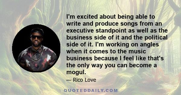 I'm excited about being able to write and produce songs from an executive standpoint as well as the business side of it and the political side of it. I'm working on angles when it comes to the music business because I