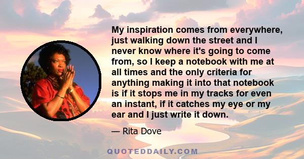 My inspiration comes from everywhere, just walking down the street and I never know where it's going to come from, so I keep a notebook with me at all times and the only criteria for anything making it into that