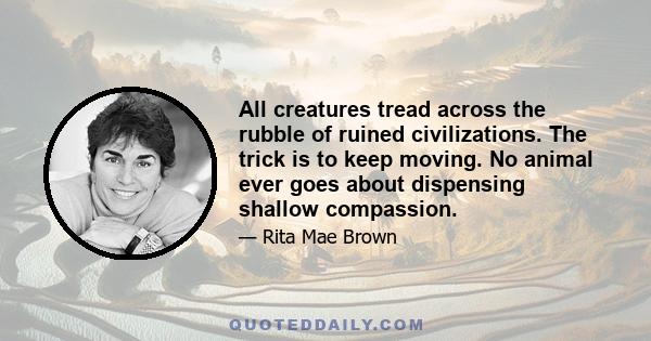 All creatures tread across the rubble of ruined civilizations. The trick is to keep moving. No animal ever goes about dispensing shallow compassion.