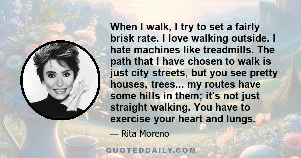 When I walk, I try to set a fairly brisk rate. I love walking outside. I hate machines like treadmills. The path that I have chosen to walk is just city streets, but you see pretty houses, trees... my routes have some