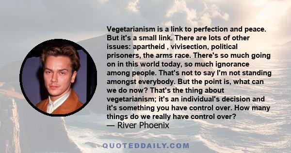 Vegetarianism is a link to perfection and peace. But it's a small link. There are lots of other issues: apartheid , vivisection, political prisoners, the arms race. There's so much going on in this world today, so much