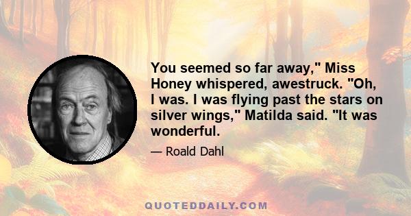 You seemed so far away, Miss Honey whispered, awestruck. Oh, I was. I was flying past the stars on silver wings, Matilda said. It was wonderful.