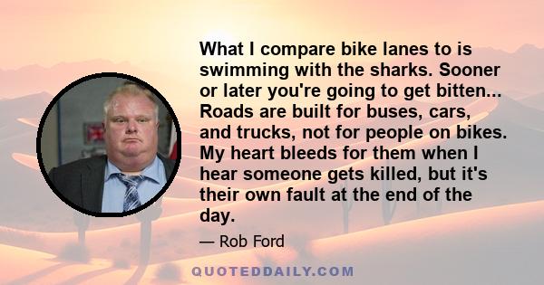 What I compare bike lanes to is swimming with the sharks. Sooner or later you're going to get bitten... Roads are built for buses, cars, and trucks, not for people on bikes. My heart bleeds for them when I hear someone