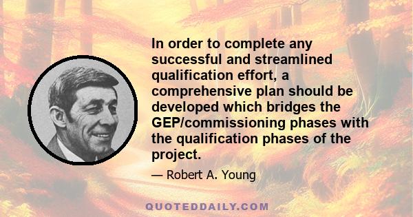 In order to complete any successful and streamlined qualification effort, a comprehensive plan should be developed which bridges the GEP/commissioning phases with the qualification phases of the project.