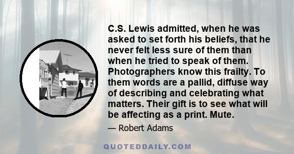 C.S. Lewis admitted, when he was asked to set forth his beliefs, that he never felt less sure of them than when he tried to speak of them. Photographers know this frailty. To them words are a pallid, diffuse way of