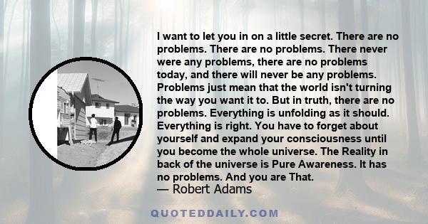 I want to let you in on a little secret. There are no problems. There are no problems. There never were any problems, there are no problems today, and there will never be any problems. Problems just mean that the world