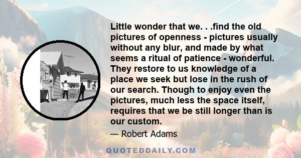 Little wonder that we. . .find the old pictures of openness - pictures usually without any blur, and made by what seems a ritual of patience - wonderful. They restore to us knowledge of a place we seek but lose in the