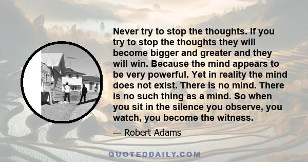 Never try to stop the thoughts. If you try to stop the thoughts they will become bigger and greater and they will win. Because the mind appears to be very powerful. Yet in reality the mind does not exist. There is no