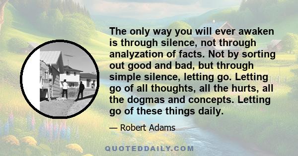 The only way you will ever awaken is through silence, not through analyzation of facts. Not by sorting out good and bad, but through simple silence, letting go. Letting go of all thoughts, all the hurts, all the dogmas