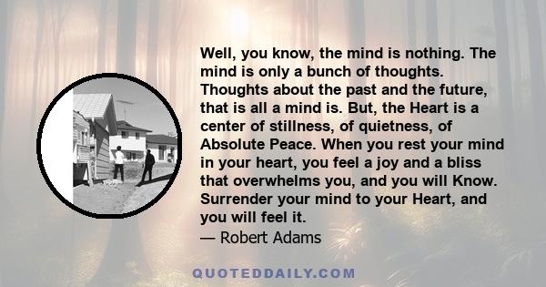 Well, you know, the mind is nothing. The mind is only a bunch of thoughts. Thoughts about the past and the future, that is all a mind is. But, the Heart is a center of stillness, of quietness, of Absolute Peace. When