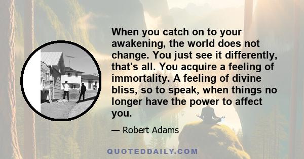 When you catch on to your awakening, the world does not change. You just see it differently, that's all. You acquire a feeling of immortality. A feeling of divine bliss, so to speak, when things no longer have the power 