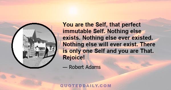 You are the Self, that perfect immutable Self. Nothing else exists. Nothing else ever existed. Nothing else will ever exist. There is only one Self and you are That. Rejoice!