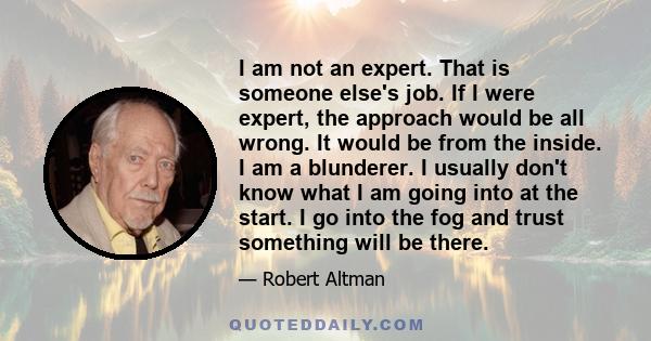 I am not an expert. That is someone else's job. If I were expert, the approach would be all wrong. It would be from the inside. I am a blunderer. I usually don't know what I am going into at the start. I go into the fog 